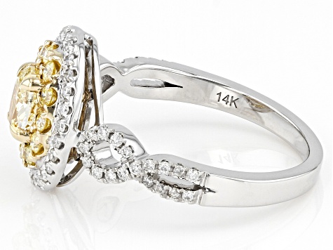 Natural Yellow And White Diamond 14K White Gold Cluster Ring 0.96ctw