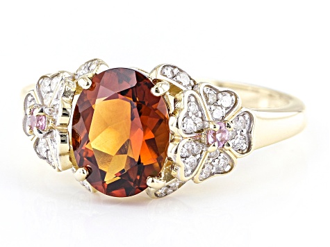 Madeira Citrine, White Diamond And Pink Sapphire 14k Yellow Gold Floral Center Design  Ring 1.71ctw