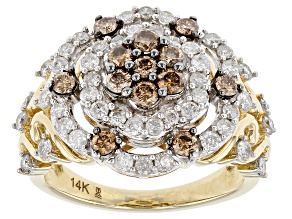 White And Champagne Diamond 14k Yellow Gold Cluster Ring 1.50ctw