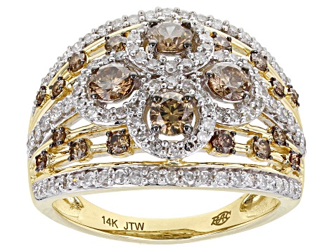 Champagne And White Diamond 14k Yellow Gold 4-Stone Center Design Ring 1.50ctw