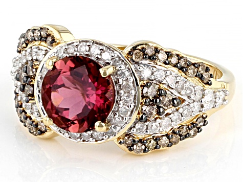 Pink Rubellite With White And Champagne Diamond 14k Yellow Gold Halo Ring 1.77ctw