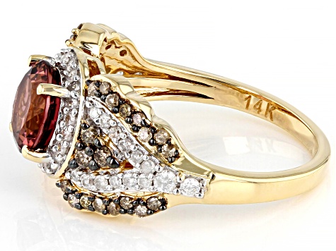Pink Rubellite With White And Champagne Diamond 14k Yellow Gold Halo Ring 1.77ctw