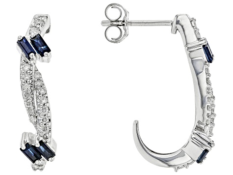 Blue Sapphire And White Diamond Rhodium Over 14K White Gold Bypass Earrings 0.89ctw