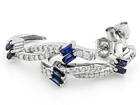 Blue Sapphire And White Diamond Rhodium Over 14K White Gold Bypass Earrings 0.89ctw