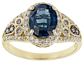 Teal Kyanite With White And Champagne Diamond 14k Yellow Gold Halo Ring 2.81ctw