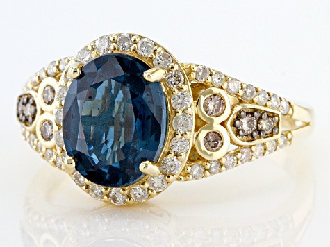 Teal Kyanite With White And Champagne Diamond 14k Yellow Gold Halo Ring 2.81ctw