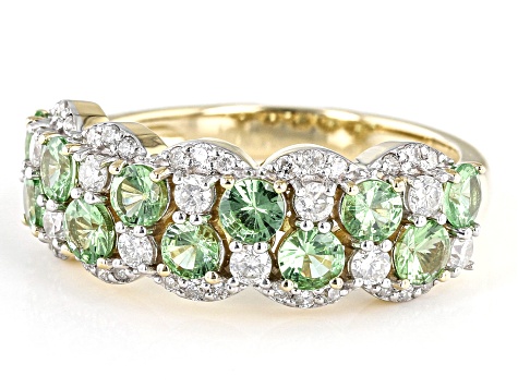 Green Tsavorite Garnet And White Diamond 14k Yellow Gold Band Ring 1.39ctw
