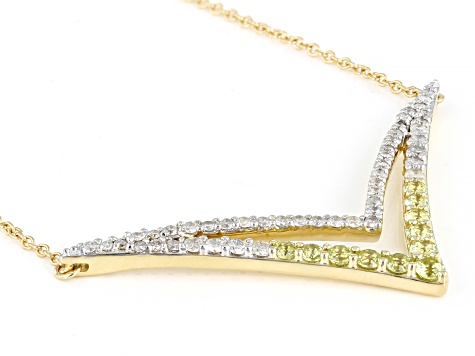 White Diamond and Green Peridot 14k Yellow Gold 19.5" Chevron Necklace 0.64ctw