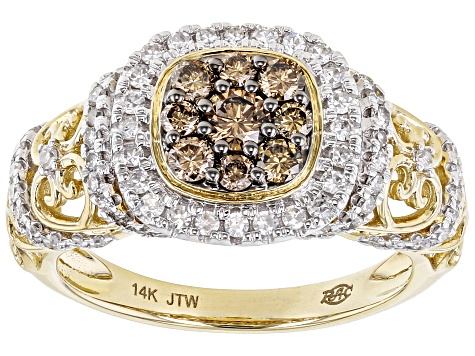Champagne And White Diamond 14k Yellow Gold Cluster Ring 1.00ctw