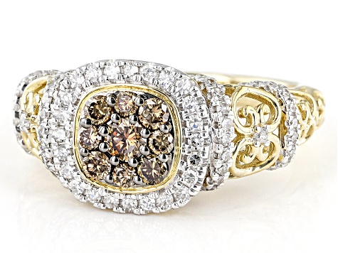 Champagne And White Diamond 14k Yellow Gold Cluster Ring 1.00ctw