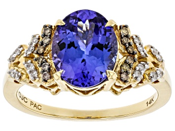 Picture of Blue Tanzanite, White, And Champagne Diamond 14k Yellow Gold Ring 2.44ctw