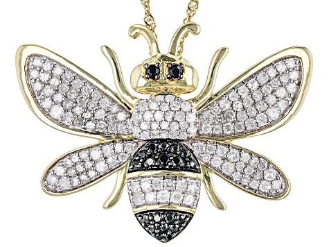 White Diamond And Black Spinel 14k Yellow Gold Bee Brooch Pendant With ...