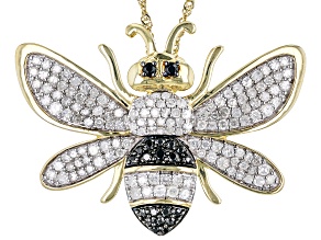 White Diamond And Black Spinel 14k Yellow Gold Bee Brooch Pendant With Chain 1.08ctw