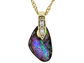 Multi-Color Free-Form Opal With White Diamond Accents 14k Yellow Gold Pendant With 18" Chain 1.53ctw