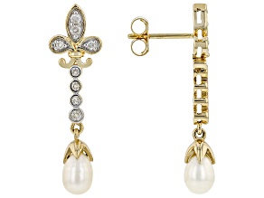 Cultured Freshwater Pearl & 0.30ctw White Diamond 14k Yellow Gold  Fleur-de-lis Earrings