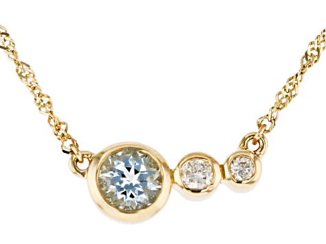 Round Blue Aquamarine And White Diamond 14k Yellow Gold March Birthstone Bar Necklace 0.50ctw