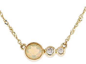 Picture of Round Opal And White Diamond 14k Yellow Gold October Birthstone Bar Necklace 0.38ctw