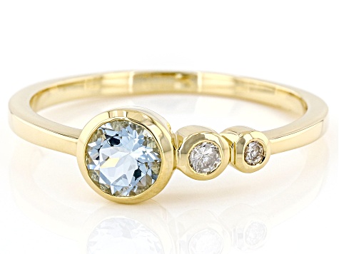 Blue Aquamarine And White Diamond 14k Yellow Gold March Birthstone Ring 0.47ctw