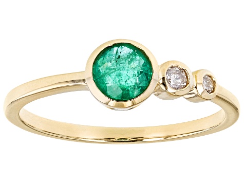 Green Emerald And White Diamond 14k Yellow Gold May Birthstone Ring 0.49ctw