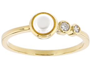 White Cultured Freshwater Pearl and White Diamond 14k Yellow Gold June Birthstone Ring 0.07ctw