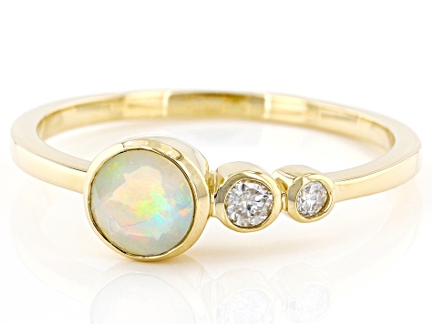 Multi-colored Opal And White Diamond 14k Yellow Gold October Birthstone Ring 0.39ctw