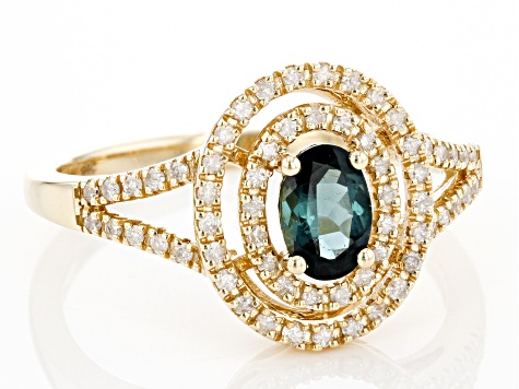 Indicolite Blue Tourmaline And White Diamond 14K Yellow Gold Halo Ring 0.70ctw