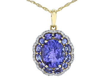 Picture of Tanzanite And White Diamond 14k Yellow Gold Halo Pendant With 18" Singapore Chain 3.19ctw