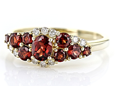 Red Garnet And White Diamond 14k Yellow Gold Cluster Band Ring 1.22ctw