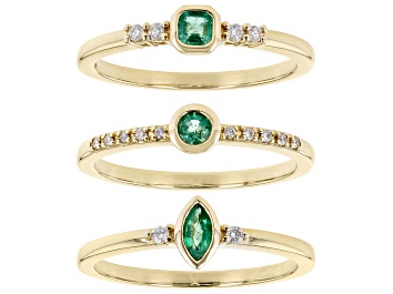 Picture of Zambian Emerald And White Diamond 14k Yellow Gold Set of 3 Stackable Rings 0.46ctw
