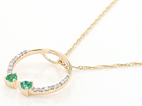 Zambian Emerald And White Diamond 14k Yellow Gold Slide Pendant With 18" Singapore Chain 0.38ctw