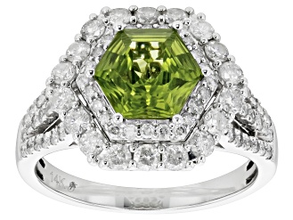 Faceted Hexagonal Lotus Cut Peridot And White Diamond 14k White Gold Ring 3.25ctw