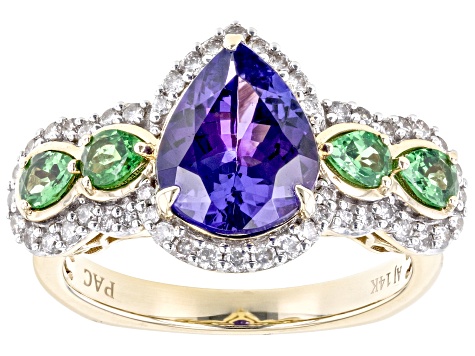 Tanzanite, Tsavorite Garnet And White Diamond 14k Yellow Gold Ring 2.77ctw