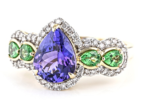 Tanzanite, Tsavorite Garnet And White Diamond 14k Yellow Gold Ring 2.77ctw