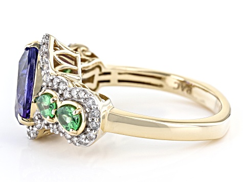 Tanzanite, Tsavorite Garnet And White Diamond 14k Yellow Gold Ring 2.77ctw