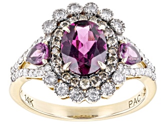 Rhodolite Garnet With Champagne & White Diamond 14k Yellow Gold Ring 2.14ctw