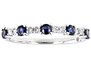 Blue Sapphire And White Diamond 14k White Gold Band Ring 0.64ctw