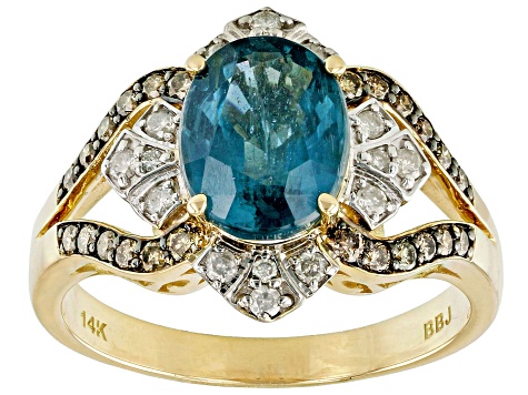 Teal Kyanite With Champagne And White Diamond 14k Yellow Gold Ring 2.45ctw
