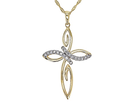 White Diamond 14k Yellow Gold Cross Pendant With Singapore Chain 0.15ctw