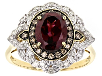 Picture of Raspberry Garnet, White And Champagne Diamond 14k Yellow Gold Halo Ring 2.62ctw