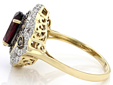 Raspberry Garnet, White And Champagne Diamond 14k Yellow Gold Halo Ring 2.62ctw