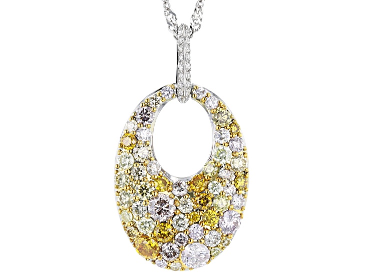 Multi-Color Diamond 14k White Gold Cluster Pendant With 18 Multi-Color Diamond 14k White Gold Cluster Pendant With 18