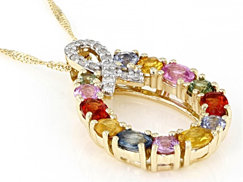 Multi-Color Sapphire And White Diamond 14k Yellow Gold Slide Pendant With 18" Chain 1.86ctw