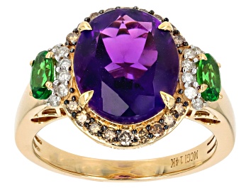 Picture of African Amethyst, Tsavorite, Champagne & White Diamond 14k Yellow Gold Halo Ring 5.44ctw