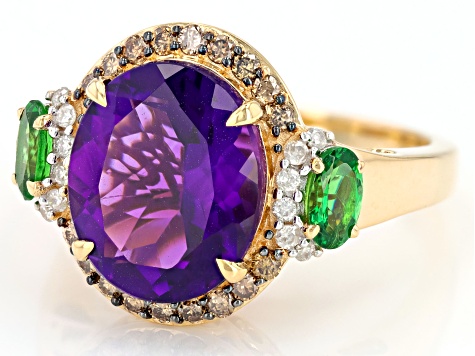 African Amethyst, Tsavorite, Champagne & White Diamond 14k Yellow Gold Halo Ring 5.44ctw