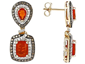 Mexican Fire Opal With Champagne And White Diamond 14k Yellow Gold Earrings 3.40ctw