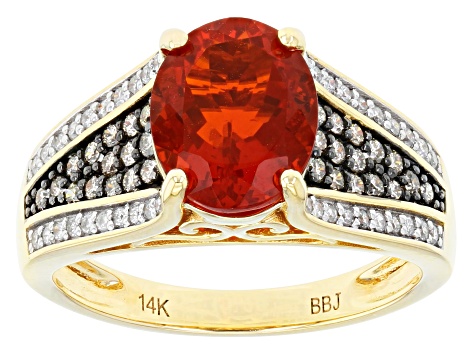 Mexican Fire Opal, Champagne & White Diamond 14k Yellow Gold Center Design Ring 2.08ctw