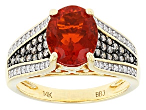 Mexican Fire Opal, Champagne & White Diamond 14k Yellow Gold Center Design Ring 2.08ctw