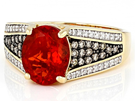 Mexican Fire Opal, Champagne & White Diamond 14k Yellow Gold Center Design Ring 2.08ctw