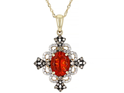 Mexican Fire Opal, Champagne And White Diamond 14k Yellow Gold Pendant With 18" Chain 1.36ctw