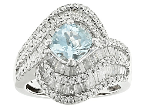 Aquamarine And White Diamond 14k White Gold Center Design Ring 2.96ctw